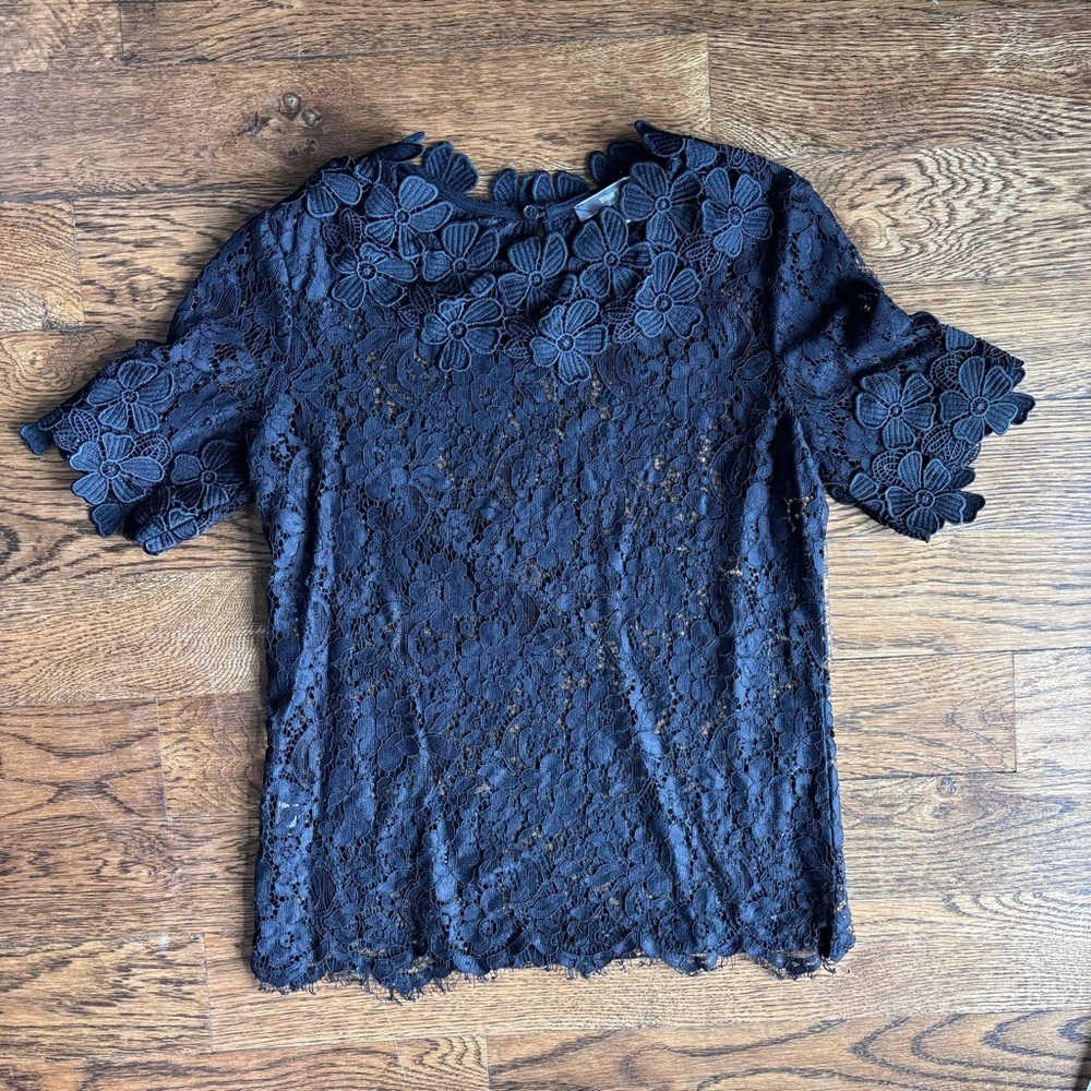 Blue Tassel Floral Lace Short Sleeve Blouse | Black | Women’s XS